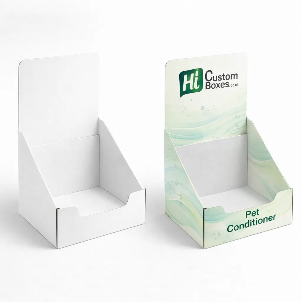 Two cardboard counter-top display units with high backboards, showcasing custom Pet Conditioner branding and graphics. class=